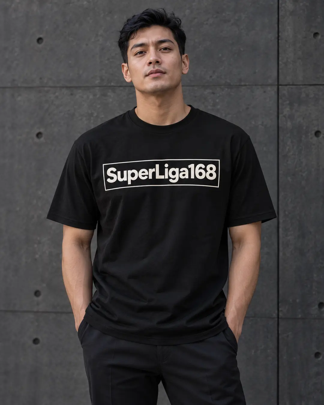 Kaos hitam dengan tulisan SuperLiga168 putih dan bingkai persegi